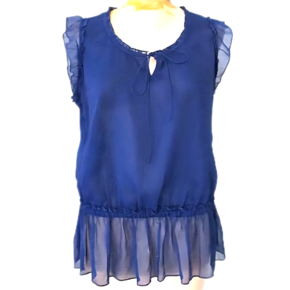 NWOT Banana Republic Blue Silky Poly Chiffon Peplum Ruffle Women's Blouse Size L